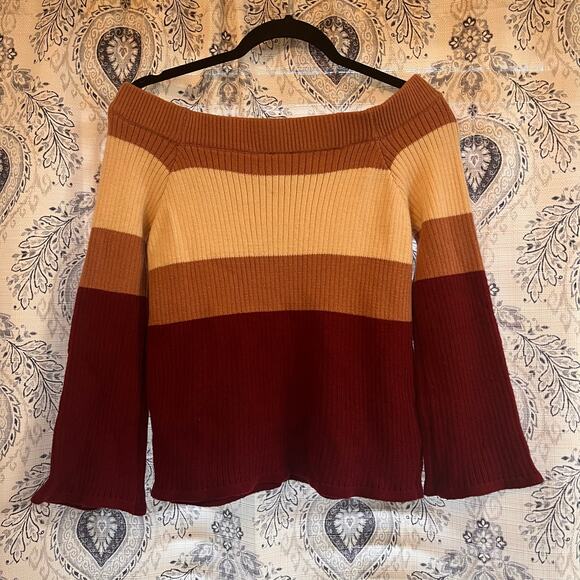 Cozy Co By Cozy Casual Mauve And Burgundy Stripe‎ Off Shoulder Sweater Size S/M - Picture 2 of 10